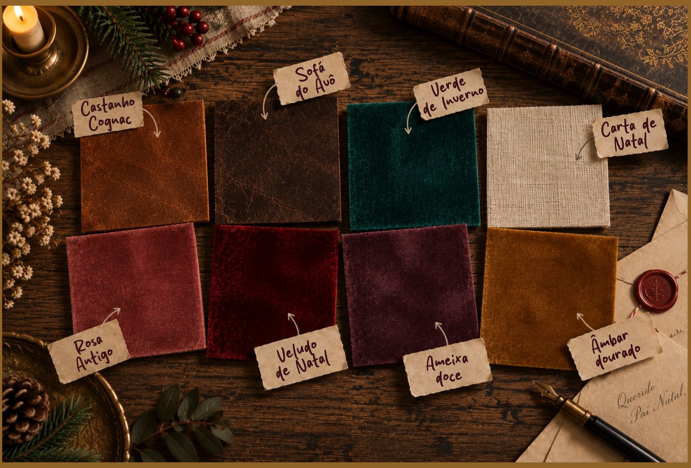 Amostras de tecidos: Castanho Cognac, Sofá do Avô, Verde de Inverno, Carta de Natal, Rosa Antigo, Veludo de Natal, Ameixa doce, Âmbar dourado